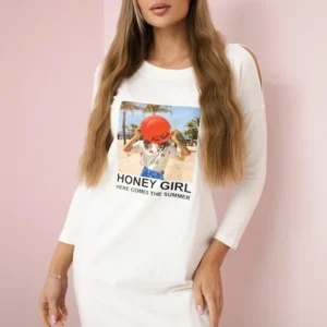 Medaus mergaitė ecru spausdinta suknelė