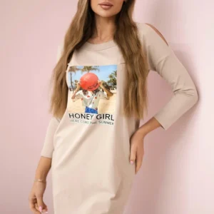 Medaus mergaitė spausdinta suknelė smėlio