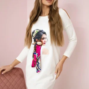 Suknelė su grafiniu ir spalvingu 3D lankeliu ecru