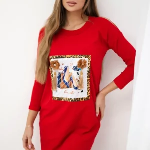 Suknelė su 3D grafika ir dekoratyviniais raukiniais