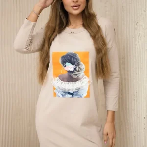 Suknelė su 3D grafika, smėlio nėriniais