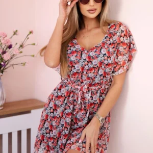 Gėlėta kaklaraiščio liemens suknelė