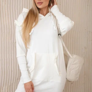 Suknelė su dekoratyviniais raukiniais ir gobtuvu ecru