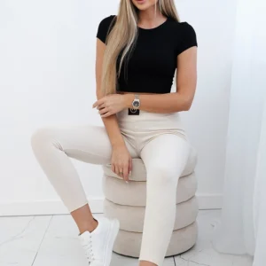 Dryžuotos kelnės aukštu liemeniu šviesiai smėlio