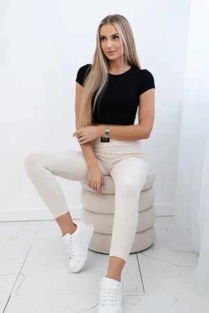 Dryžuotos kelnės aukštu liemeniu šviesiai smėlio