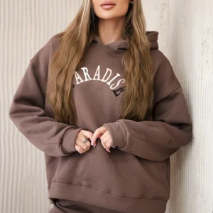 Medvilninis su išsiuvinėtu užrašu Paradise šviesiai mocca