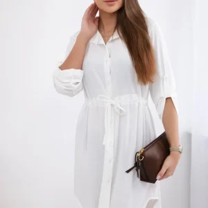 Suknelė su sagų užsegimu ir kaklaraiščiu ties juosmeniu ecru