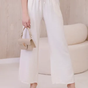 Viskozės kelnės plačioms kojoms šviesiai smėlio