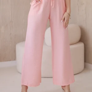 Viskozės kelnės plačioms kojoms šviesiai miltelių