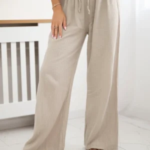 Muslino kelnės su plačia klešne smėlio