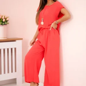 Viskozės klostuota palaidinė + kelnės avietė