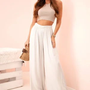 Moteriškos plačios viskozės kelnės su elastinga juosmens juosta smėlio