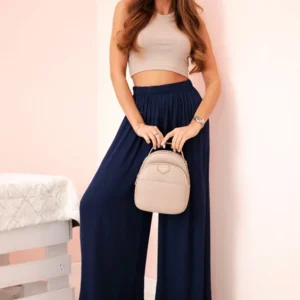 Moteriškos plačios viskozės kelnės su elastinga juosmens juosta tamsiai