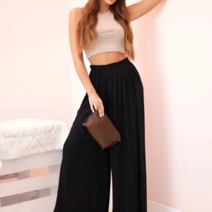 Moteriškos plačios viskozės kelnės su elastine juosmens juosta