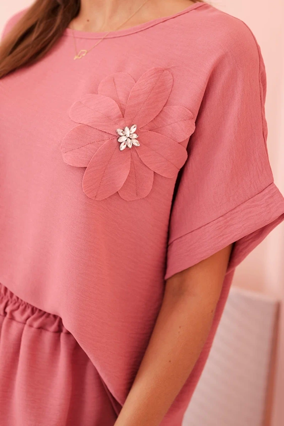 31912_4 Moteriškas iš viskozės su dekoratyviniu gėlių raštu ir platėjančiomis kelnėmis - tamsiai - Image 4