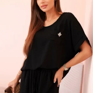 Moteriškas iš viskozės su dekoratyviniu gėlių raštu ir platėjančiomis kelnėmis