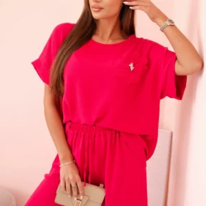 Moteriškas iš viskozės su dekoratyviniu gėlių raštu ir platėjančiomis kelnėmis