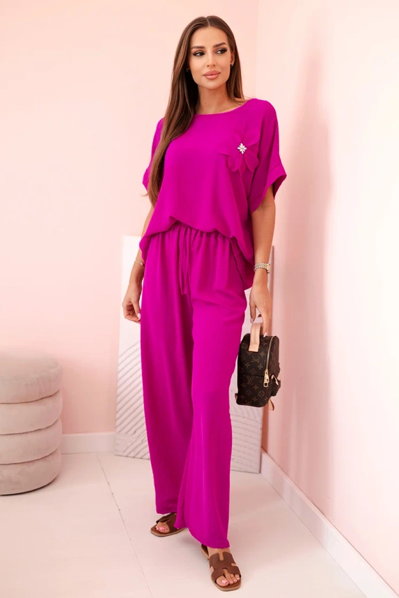 31922_1 Moteriškas iš viskozės su dekoratyviniu gėlių raštu ir platėjančiomis kelnėmis - tamsiai - Image 2