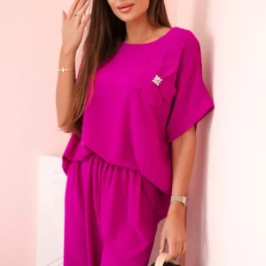 Moteriškas iš viskozės su dekoratyviniu gėlių raštu ir platėjančiomis kelnėmis - tamsiai