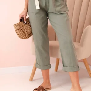 Moteriškos lininės medvilninės kelnės su diržu khaki