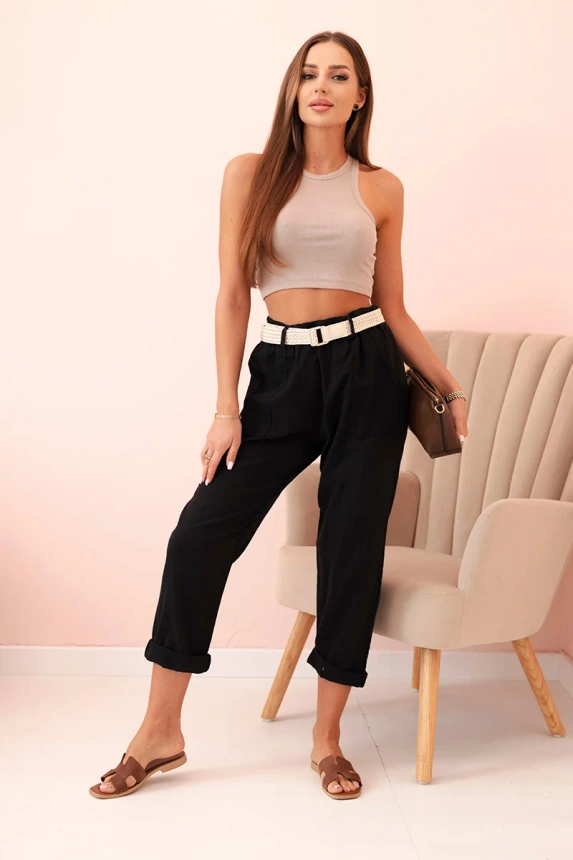 31960_1 Moteriškos lininės medvilninės kelnės su diržu - Image 2