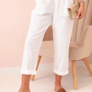 Moteriškos lininės medvilninės kelnės su diržu