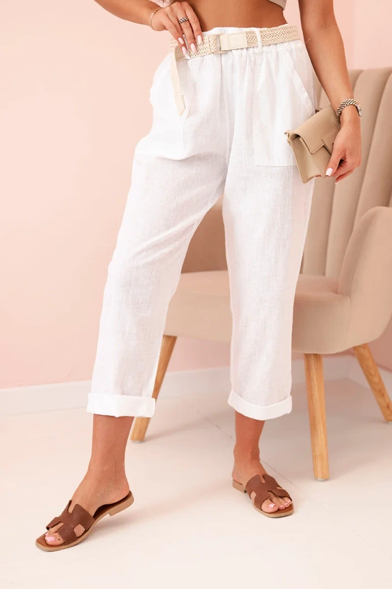 31961_3 Moteriškos lininės medvilninės kelnės su diržu