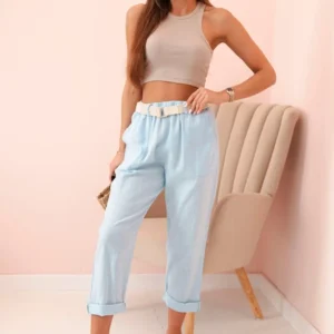Moteriškos lininės medvilninės kelnės su diržu