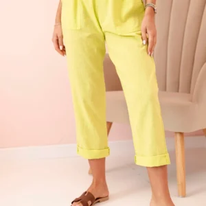 Moteriškos lininės medvilninės kelnės su diržu kiwi