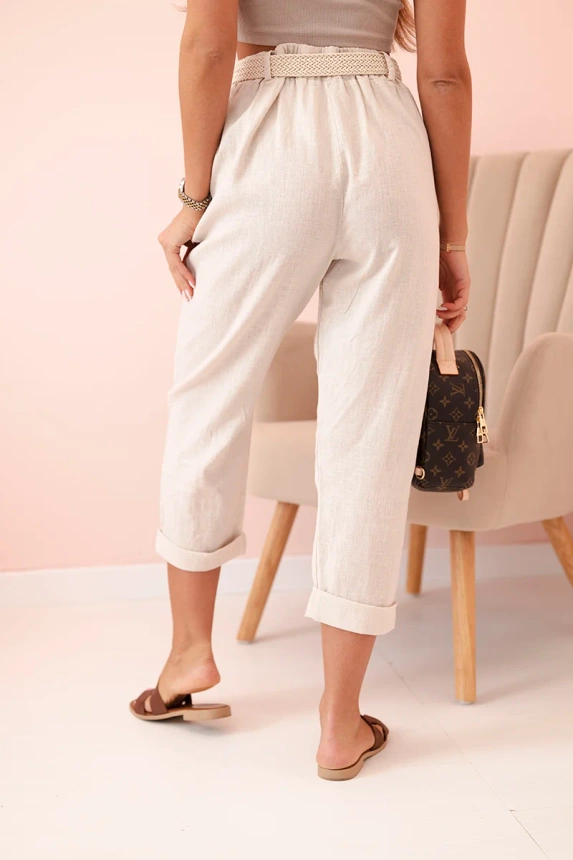 31966_2 Moteriškos lininės medvilninės kelnės su diržu smėlio - Image 3