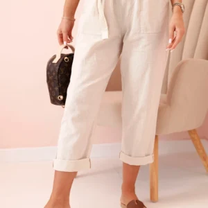 Moteriškos lininės medvilninės kelnės su diržu smėlio