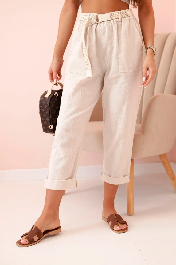 31966_3 Moteriškos lininės medvilninės kelnės su diržu smėlio