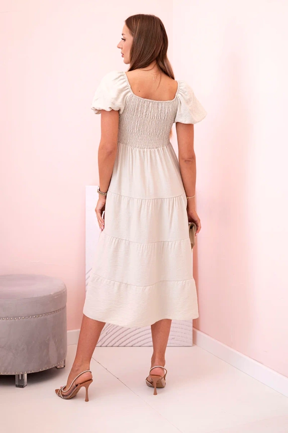 32084_2 Moteriška viskozės suknelė pūstomis rankovėmis ir raukta viršutine dalimi smėlio - Image 3