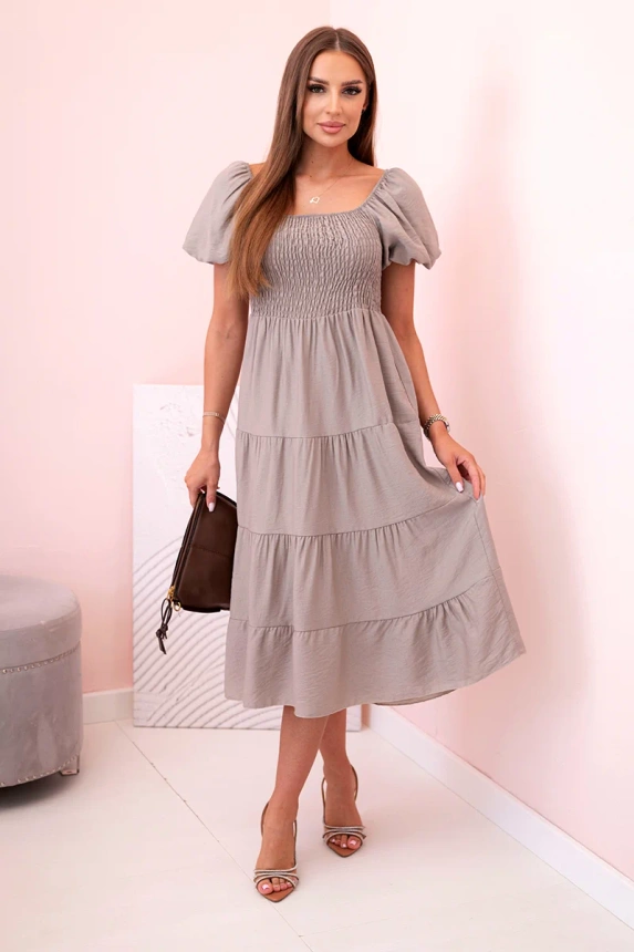 32088_1 Moteriška viskozės suknelė pūstomis rankovėmis ir raukta viršutine dalimi