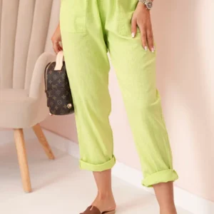 Moteriškos lininės medvilninės kelnės su diržu ryškiai