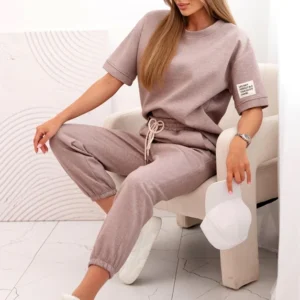 Moteriškas viskozės trumpomis rankovėmis ir kelnėmis smėlio melanžas