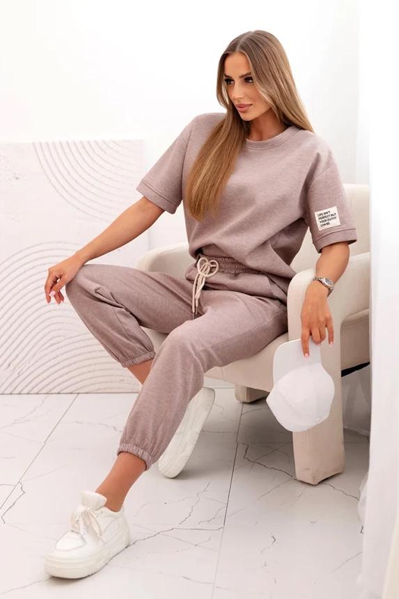 32165_2 Moteriškas viskozės trumpomis rankovėmis ir kelnėmis smėlio melanžas