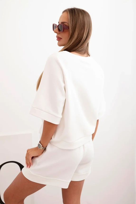 32231_2 Moteriškas sviesto su palaidine trumpomis rankovėmis ir šortais su elastine juostele ecru - Image 3