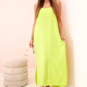 Ilga suknelė be petnešėlių neoninė