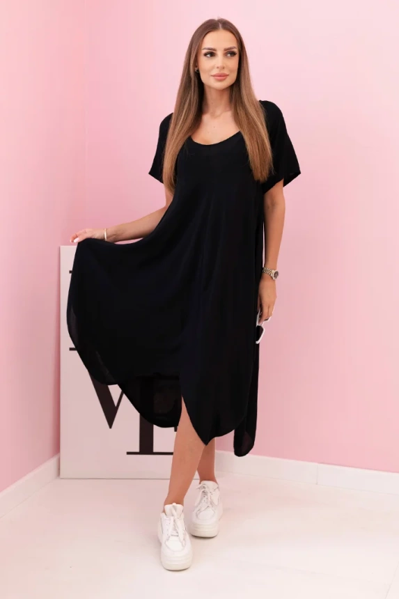 32316_1 Moteriška viskozės suknelė trumpomis rankovėmis ir platėjančiu apvadu