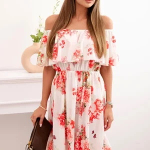 Moteriška suknelė su švelniu ir pliku pečiu su gėlėmis