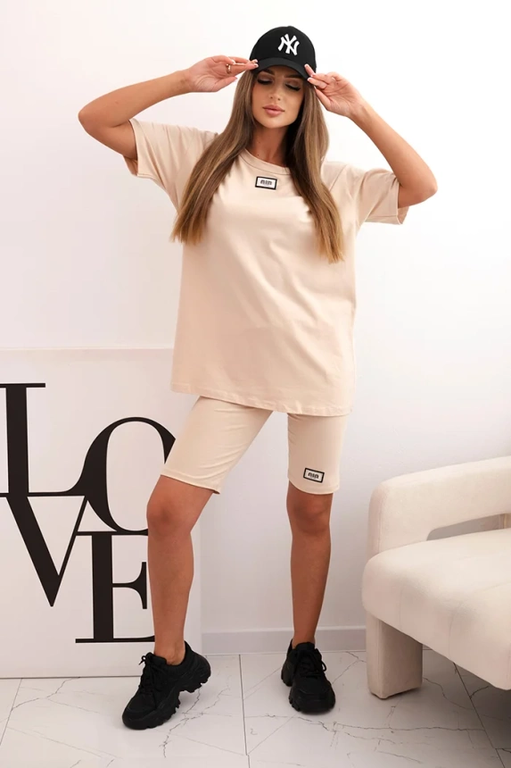 32459_1 Moteriškas medvilninis trumpomis rankovėmis ir šortais smėlio