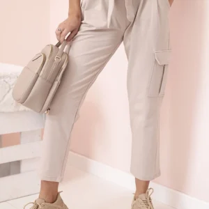 Moteriškos krovininės kelnės aukštu liemeniu smėlio