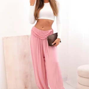 Moteriškos viskozės kelnės su plačiomis kojomis ir raukiniais tamsiai