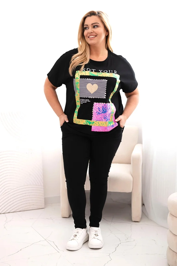 33005_1 Moteriški medvilniniai Plus Size marškinėliai su užrašu + - Image 2