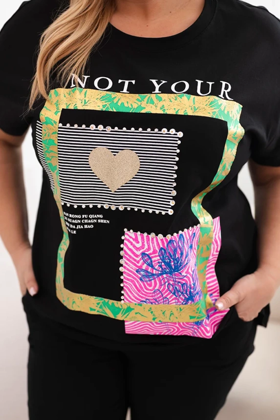 33005_3 Moteriški medvilniniai Plus Size marškinėliai su užrašu + - Image 3