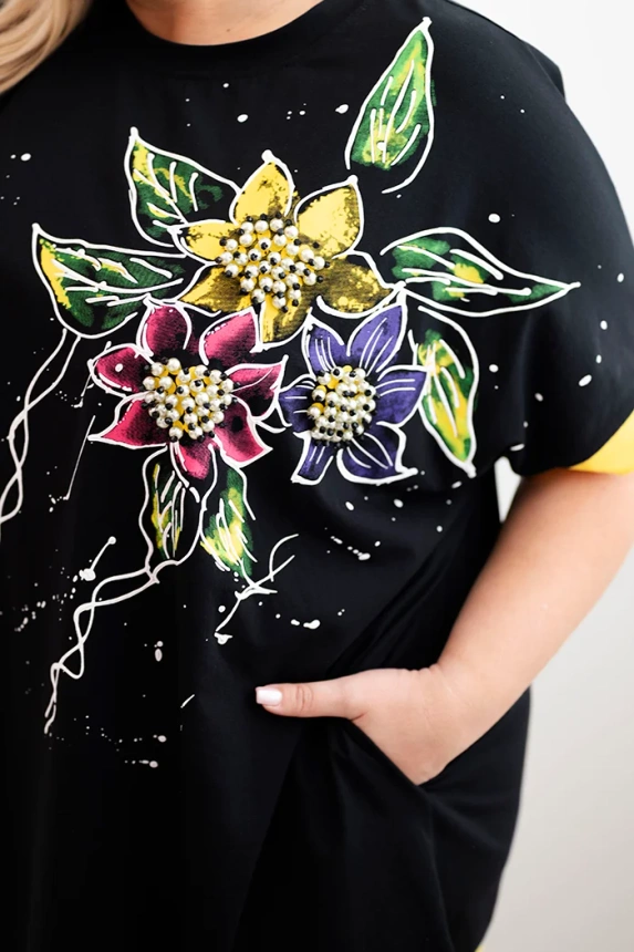 33011_4 Moteriška Plus Size tunika su gėlių raštu ir dekoratyviniais perliukais - Image 4