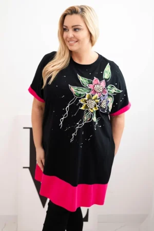 moteriška Plus Size tunika su gėlių raštu ir dekoratyviniais perliukais