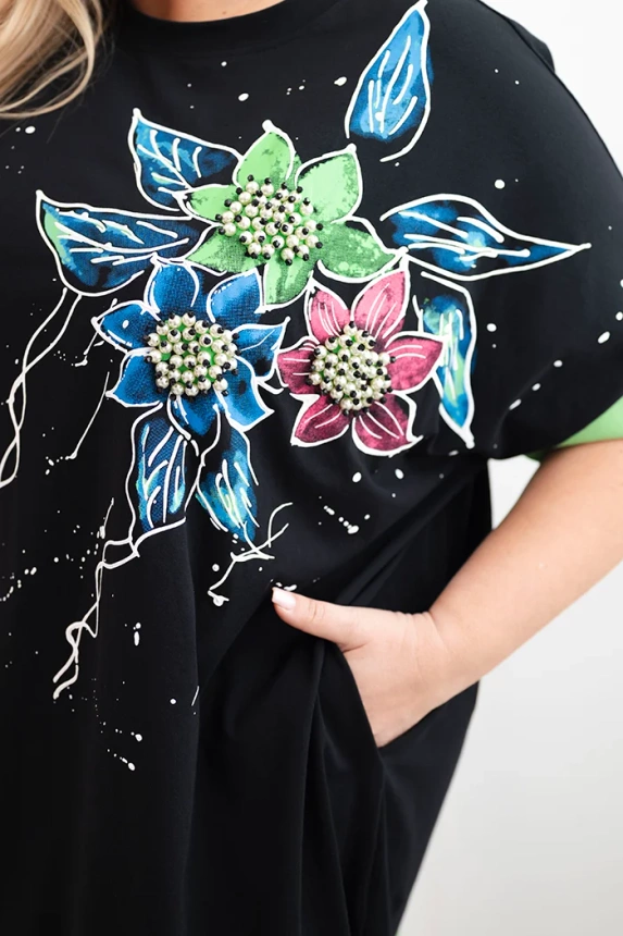 33013_4 moteriška Plus Size tunika su gėlių raštu ir dekoratyviniais perliukais - Image 4