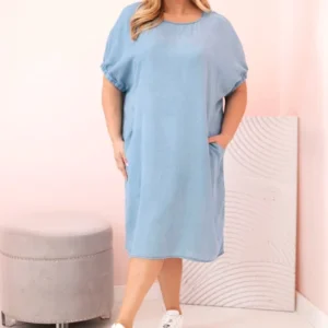 Moteriška Plus Size suknelė iš liocelio su raukiniais ir kišenėmis šviesiai